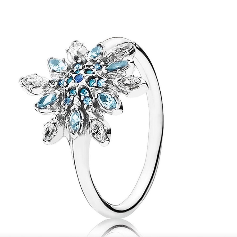 PANDORA 925 Sterling Snowflake ALE Ring, Blue Crystals & Cubic Zirconia Sz 8 1/2